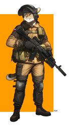 Rule 34 | 1boy, absurdres, ak-74m, ammunition pouch, animal ears, animal nose, artist name, assault rifle, assault visor, body fur, boots, brown footwear, brown fur, brown jacket, brown pants, buckle, closed mouth, collared jacket, combat helmet, commentary, commission, english commentary, felenid, full body, furry, furry male, gloves, grenade launcher, grey gloves, gun, helmet, highres, holding, holding gun, holding weapon, jacket, kalashnikov rifle, knee pads, looking away, male focus, military, military jacket, military uniform, original, pants, pgm300, pouch, rifle, russian army, russian flag, russian soldier, scope, simple background, smile, snap-fit buckle, solo, standing, suppressor, tail, trigger discipline, two-tone pants, underbarrel grenade launcher, uniform, visor lift, weapon, white fur, yellow eyes