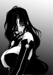 Rule 34 | 1girl, bare shoulders, black dress, black eyes, black gloves, black hair, blush, breasts, cleavage, cum, cum on body, cum on breasts, cum on upper body, dbqp, dress, facial, fullmetal alchemist, gloves, hair over one eye, homunculus, huge breasts, licking, long hair, lust (fma), monochrome, naughty face, simple background, solo, strapless, strapless dress, tongue, tongue out, wavy hair