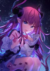 Rule 34 | 10s, 1girl, absurdres, black ribbon, blue eyes, blush, curled horns, elizabeth bathory (fate), elizabeth bathory (fate/extra ccc), elizabeth bathory (first ascension) (fate), fang, fate/extra, fate/extra ccc, fate (series), forked tail, hair ribbon, highres, horns, light, long hair, long sleeves, looking at viewer, night, night sky, open mouth, pink hair, pointy ears, ribbon, sky, solo, star (sky), tail, yampa