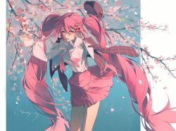 Rule 34 | 1girl, blue background, cherry blossoms, cherry hair ornament, collared shirt, cowboy shot, earrings, falling petals, food-themed hair ornament, hair between eyes, hair ornament, hand in own hair, hat, hatsune miku, highres, jacket, jacket on shoulders, jewelry, leaning forward, long hair, long sleeves, looking at viewer, miniskirt, nyansky, open clothes, open jacket, outside border, petals, pillarboxed, pink eyes, pink hair, pink skirt, pink theme, plaid, plaid jacket, pleated skirt, puffy sleeves, raised eyebrows, sakura miku, sakura miku (rella), shirt, sidelocks, signature, skirt, solo, twintails, unworn hat, unworn headwear, very long hair, vocaloid, white shirt