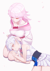 Rule 34 | 2girls, arm support, blush, commentary request, closed eyes, flower, freze, frilled sleeves, frills, from above, hair flaps, hand on another&#039;s head, highres, honkai (series), honkai impact 3rd, kallen kaslana, lap pillow, long hair, long sleeves, lying, multiple girls, on side, petals, headpat, pink flower, pink hair, pink rose, pleated skirt, rose, rose petals, seiza, shirt, short hair, silver hair, sitting, skirt, sleeping, sleeping on person, sleeveless, sleeveless shirt, smile, white skirt, yae sakura, aged down, yuri