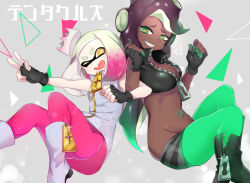 Rule 34 | + +, 2girls, ;d, ass, bare arms, bare legs, bioluminescence, blunt bangs, boots, breasts, cephalopod eyes, cleavage, colored skin, crop top, cropped vest, crown, danimaru, dark-skinned female, dark skin, fang, fingerless gloves, full-length zipper, gloves, glowing, glowing hair, glowing skin, gradient hair, green eyes, green hair, green skin, groin, hands up, headphones, high collar, highres, inkling, jacket, knees up, looking at viewer, lowleg, lowleg shorts, marina (splatoon), midriff, mole, mole under mouth, multicolored hair, multicolored skin, multiple girls, navel, navel piercing, nintendo, octoling, one eye closed, open mouth, outstretched arm, pantyhose, pantyhose under shorts, partially unzipped, pearl (splatoon), piercing, pink hair, pink legwear, pink pupils, purple hair, shorts, sleeveless, sleeveless jacket, smile, splatoon (series), splatoon 2, stomach, striped clothes, striped shorts, suction cups, tentacle hair, two-tone hair, v, vest, white hair, yellow eyes, zipper, zipper pull tab