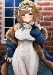 Rule 34 | 1girl, bare shoulders, blush, bow, box, breasts, brick wall, brown hair, closed mouth, coat, cowboy shot, cross-laced slit, dress, eyewear on head, finger to cheek, fur trim, gift, gift box, girls&#039; frontline, grizzly mkv (girls&#039; frontline), hair intakes, highres, large breasts, light frown, long sleeves, looking at viewer, medium hair, purple eyes, solo, striped, striped bow, sunglasses, sweater, sweater dress, turtleneck, turtleneck dress, white dress, window, yunamaro