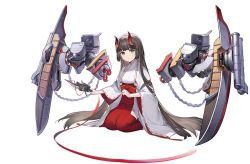 Rule 34 | 1girl, artillery, artist request, azur lane, black hair, ghost, green eyes, highres, holding, horns, long hair, looking at viewer, official art, oni, oni horns, red ribbon, ribbon, rigging, seiza, sitting, torpedo tubes, transparent background, very long hair, wide sleeves, yura (azur lane)