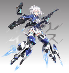 Rule 34 | 1girl, :o, black gloves, blue eyes, commentary request, crop top, cropped jacket, full body, gloves, gradient background, grey background, gun, hair ribbon, hayakawa harui, highres, looking at viewer, mecha, mecha musume, military, original, plantar flexion, ribbon, robot, side ponytail, simple background, skirt, solo, thrusters, trigger discipline, valkyrie impulse, weapon, white background, white hair, white skirt