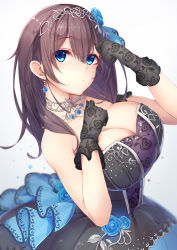 Rule 34 | 1girl, bare shoulders, black dress, black gloves, blue eyes, blue flower, blue ribbon, blue rose, blush, breasts, brown hair, cleavage, collarbone, diadem, dress, elbow gloves, eyes visible through hair, floral print, flower, from above, from side, gloves, hair between eyes, hair ribbon, head tilt, highres, idolmaster, idolmaster cinderella girls, idolmaster cinderella girls starlight stage, jewelry, large breasts, long hair, looking at viewer, ribbon, rose, rose print, sagisawa fumika, sash, simple background, smile, solo, stenciled rose, tatapopo, upper body, white background