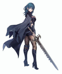 Rule 34 | 1girl, armor, blue eyes, blue hair, boots, breasts, brown pantyhose, byleth (female) (fire emblem), byleth (fire emblem), cleavage cutout, closed mouth, clothing cutout, elbow pads, fire emblem, fire emblem: three houses, floral print, from behind, hair between eyes, hand on own chest, high heel boots, high heels, highres, holding, holding sword, holding weapon, knee boots, knee pads, lace, lace-trimmed legwear, lace trim, large breasts, long hair, looking at viewer, nintendo, pantyhose, pantyhose under shorts, pauldrons, pen (steelleets), print pantyhose, short shorts, shorts, shoulder armor, simple background, smile, solo, standing, sword, vambraces, weapon, white background