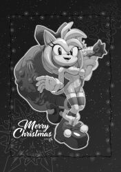 Rule 34 | 1girl, amy rose, animal ears, animal nose, arm up, artist name, blush, bow, breasts, christmas, cleft of venus, english text, female focus, footwear bow, full body, fur-trimmed footwear, fur-trimmed gloves, fur trim, furry, furry female, gloves, grey background, greyscale, hair bow, hairband, hand up, happy, holding, holding sack, leg up, light blush, looking at viewer, medium breasts, merry christmas, monochrome, navel, nipples, nude, open mouth, outline, pom pom (clothes), pussy, rockthebull, sack, shoes, short hair, sidelocks, signature, smile, solo, sonic (series), standing, standing on one leg, stomach, string of light bulbs, striped clothes, striped thighhighs, sweat, tail, teeth, thighhighs, uncensored, white outline