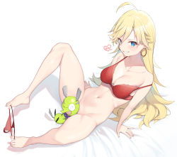 Rule 34 | 1girl, absurdres, ahoge, barefoot, blonde hair, blue eyes, blush, bottomless, bra, breasts, chuck (psg), cleavage, cloba, commentary, dog, earrings, feet, full body, grin, heart, highres, hoop earrings, jewelry, leaning back, long hair, looking at viewer, medium breasts, nail polish, navel, panties, unworn panties, panty &amp; stocking with garterbelt, panty (psg), parted lips, pink nails, red bra, sitting, smile, spoken heart, strap slip, thighs, thong, toes, underwear, white background