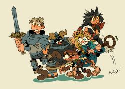 Rule 34 | 2girls, 3boys, absurdres, ambrosia (dungeon meshi), animal ears, aqua eyes, armor, barefoot, beard, belt, belt pouch, black eyes, black fur, black hair, black pants, blonde hair, blue robe, boiledlemon, boots, bracer, braid, brown eyes, brown hair, capelet, cat ears, cat girl, cat on person, cat tail, chainmail, chilchuck tims, choker, claws, covered mouth, dungeon meshi, dwarf, elf, everyone, facial hair, fake horns, fang, fingerless gloves, full armor, full body, gloves, grey pants, halfling, helmet, highres, holding, holding staff, holding sword, holding weapon, hood, hood down, horned helmet, horns, izutsumi, jumping, kensuke (dungeon meshi), knee guards, laios touden, leather, leather armor, leather belt, leather boots, light brown hair, long beard, long sleeves, looking back, marcille donato, multicolored fur, multiple boys, multiple girls, mustache, neck warmer, o o, outline, pants, plate armor, pointy ears, pouch, red choker, red scarf, robe, ruffling hair, sandals, sarong, scarf, senshi (dungeon meshi), shaded face, short hair, simple background, sleeveless, sleeves rolled up, staff, surprised, sword, tail, tearing up, teeth, thick eyebrows, vambraces, weapon, white background, white fur, white outline, yellow eyes