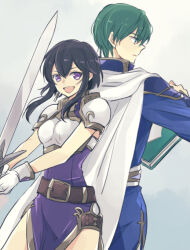 Rule 34 | 1boy, 1girl, armor, back-to-back, belt, black hair, blue tunic, book, breastplate, cape, ced (fire emblem), earrings, fire emblem, fire emblem: genealogy of the holy war, gloves, green hair, holding, holding sword, holding weapon, jewelry, larcei (fire emblem), nintendo, open mouth, purple tunic, short hair, shoulder armor, sidelocks, smile, sword, tenjin (ahan), tomboy, tunic, weapon, white cape