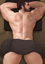 Rule 34 | 1boy, arms up, ass, back, back focus, bara, bare back, beard, blush, come hither, dopey (dopq), facial hair, feet out of frame, from above, highres, looking at viewer, looking back, lying, male focus, mature male, muscular, muscular male, mustache, naked towel, navel, on stomach, original, paid reward available, presenting, shiny skin, short hair, solo, thick thighs, thighs, towel, towel around waist