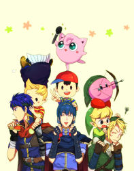 Rule 34 | 6+boys, azkn, belt, black eyes, black hair, blonde hair, blue eyes, blue hair, bow (weapon), cape, carrying, child, creatures (company), earrings, fire emblem, fire emblem: mystery of the emblem, fire emblem: path of radiance, game freak, gen 1 pokemon, gloves, hat, headband, ike (fire emblem), jewelry, jigglypuff, kirby, kirby (series), link, lucas (mother 3), male focus, marth (fire emblem), meta knight, microphone, mother (game), mother 2, mother 3, multiple boys, ness (mother 2), nintendo, pointy ears, pokemon, pokemon (creature), shoulder carry, smile, super smash bros., sword, the legend of zelda, tiara, toon link, v, weapon