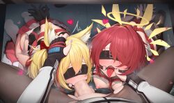 3girls absurdres animal_ear_fluff animal_ears arknights arms_behind_back artist_collaboration black_blindfold black_gloves black_pantyhose blindfold blonde_hair breasts censored commentary detached_wings exusiai_(arknights) fellatio fingerless_gloves futa_with_female futanari futanari_pov gag gagged gloves group_sex halo heart highres large_variant_set long_sleeves master117 medium_breasts mosaic_censoring multiple_girls nipples open_mouth oral pantyhose penis pov pov_crotch pov_hands red_hair ring_gag shibari short_hair smlltb sora_(arknights) testicles texas_(arknights) threesome tongue tongue_out torn_clothes torn_pantyhose variant_set wings wolf_ears wolf_girl yellow_halo