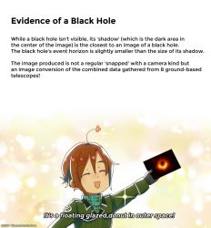 Rule 34 | 1other, ahoge, black gloves, black hole, brown hair, cioccolatodorima, english text, closed eyes, gloves, m87 black hole, open mouth, original, other focus, photo (object), planetary moe, short hair, smile, sparkle, turtleneck