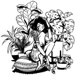 Rule 34 | 1girl, arm at side, arm tattoo, arm up, ass tattoo, back tattoo, barefoot, bottle tattoo, commentary, crescent moon, crop top, english commentary, greyscale, jacquelin de leon, leg tattoo, monochrome, moon, on pillow, original, panties, pillow, plant, potted plant, snake tattoo, solo, tattoo, underwear