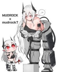 Rule 34 | ..., 1girl, ?, ??, absurdres, arknights, black choker, black sports bra, book, bow, breasts, character name, chibi, chibi inset, choker, collarbone, demon horns, ear piercing, elite ii (arknights), full body, grey hair, hair between eyes, hair ornament, hammer, hand to own mouth, highres, holding, holding hammer, horns, index finger raised, infection monitor (arknights), large breasts, leaning forward, long hair, manggapaegtoli, material growth, midriff, mudrock (arknights), mudrock (elite ii) (arknights), navel, open book, oripathy lesion (arknights), piercing, pointy ears, red bow, red eyes, sidelocks, simple background, speech bubble, sports bra, standing, very long hair, white background, white footwear
