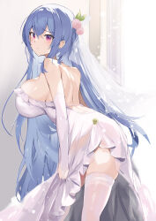 Rule 34 | 1girl, absurdres, alternate breast size, alternate costume, back, bare shoulders, blue hair, breasts, bridal veil, closed mouth, commission, dress, earrings, elbow gloves, feet out of frame, food, food-themed hair ornament, fruit, gloves, hair ornament, highres, hinanawi tenshi, huge breasts, jewelry, leaf, light particles, long hair, looking at viewer, looking back, partially fingerless gloves, peach, peach hair ornament, pink eyes, sideboob, skeb commission, solo, tetsurou (fe+), thighhighs, touhou, veil, wedding dress, white dress, white gloves, white thighhighs
