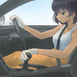 Rule 34 | 10s, 1girl, bad id, bad pixiv id, black hair, car, car interior, chimaki (u9works), collarbone, commentary request, dark-skinned female, dark skin, driving, from side, frown, gear shift, girls und panzer, gloves, green eyes, hoshino (girls und panzer), motor vehicle, pants, rear-view mirror, right-hand drive, seatbelt, shirt, short hair, sitting, sleeveless, solo, steering wheel, tank top, tomboy, vehicle, vehicle interior, white gloves, white shirt, yellow pants