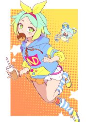 Rule 34 | 1girl, blue bow, blue hoodie, blush, border, bow, bracelet, chuppe, closed eyes, commentary, cup, disposable cup, doughnut, eating, food, full body, green eyes, green hair, hair bow, hairband, highres, holding, holding cup, hood, hoodie, idol time pripara, jewelry, leg warmers, looking at viewer, mouse (animal), mouth hold, multicolored hair, nijiiro nino, nojima minami, pink hairband, pleated skirt, pretty series, pripara, running, shoes, short hair, skirt, sneakers, socks, star (symbol), striped clothes, striped socks, symbol-only commentary, two-tone hair, white border, yellow bow, yellow footwear