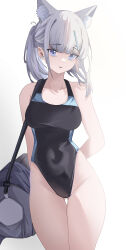 Rule 34 | 1girl, absurdres, animal ear fluff, animal ears, arms behind back, bag, black one-piece swimsuit, blue archive, blue eyes, breasts, cake walker, competition swimsuit, covered navel, cross hair ornament, extra ears, grey hair, hair ornament, halo, highres, low ponytail, medium breasts, medium hair, mismatched pupils, multicolored clothes, multicolored swimsuit, one-piece swimsuit, shiroko (blue archive), shiroko (swimsuit) (blue archive), simple background, solo, swimsuit, white background