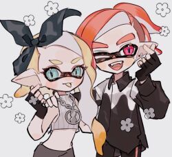 Rule 34 | 1boy, 1girl, :p, black bow, black gloves, black shirt, blonde hair, blue eyes, bow, crop top, cropped sweater, ear piercing, eyelashes, gloves, grey sweater, hair bow, inkling, inkling boy, inkling girl, inkling player character, jewelry, long hair, looking at viewer, necklace, nintendo, one eye closed, open mouth, partially fingerless gloves, piercing, pink eyes, pointy ears, red hair, shino hd, shirt, short hair, simple background, sleeveless, sleeveless sweater, smile, splatoon (series), standing, sweater, teeth, tentacle hair, thick eyebrows, tongue, tongue out, two-tone shirt, upper teeth only, white background, white shirt