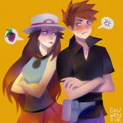 Rule 34 | 1boy, 1girl, anger vein, black shirt, blue oak, blush, breasts, brown hair, chuwenjie, collared shirt, commentary, creatures (company), crossed arms, english commentary, eye contact, fanny pack, game freak, hat, jewelry, leaf (pokemon), long hair, looking at another, nintendo, pendant, pokemon, pokemon frlg, porkpie hat, red skirt, shirt, short sleeves, signature, simple background, skirt, sleeveless, sleeveless shirt, small breasts, spoken anger vein, spoken food, standing, tongue, tongue out, upper body, yellow background