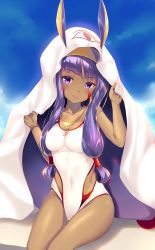 Rule 34 | 1girl, absurdres, blush, breasts, cleavage, collarbone, competition swimsuit, dark-skinned female, dark skin, earrings, fate/grand order, fate (series), highres, hoop earrings, jewelry, large breasts, long hair, looking at viewer, medjed (fate), nitocris (fate), nitocris (fate/grand order), nitocris (swimsuit assassin) (fate), nitocris (swimsuit assassin) (second ascension) (fate), one-piece swimsuit, parted lips, pdxen, purple eyes, purple hair, sitting, smile, solo, swimsuit