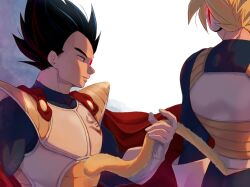 Rule 34 | 2boys, armor, back, black hair, blonde hair, blue bodysuit, bodysuit, cape, chest armor, closed mouth, dragon ball, dragonball z, large pectorals, looking at another, male focus, monkey tail, multiple boys, muscular, muscular male, pectorals, red cape, saiyan armor, scharlachrotn, scouter, short hair, son goku, spiked hair, super saiyan, super saiyan 1, tail, vegeta, yaoi