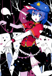 Rule 34 | 1girl, blue eyes, blue hair, hat, hitodama, ideolo, jiangshi, looking at viewer, matching hair/eyes, miyako yoshika, ofuda, open mouth, outstretched arms, ribbon, scan, shirt, short hair, short sleeves, skirt, solo, star (symbol), touhou, turtleneck, vest, wide sleeves, wrist cuffs, zombie pose