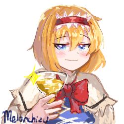 Rule 34 | alcohol, alice margatroid, artist name, bad id, bad pixiv id, blonde hair, blue dress, blue eyes, blush, bow, cup, dot nose, dress, drinking glass, hair between eyes, headband, highres, parody, red bow, short hair, smile, smug, soldierburger, sparkle, touhou, wine, wine glass