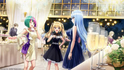 Rule 34 | 1boy, 4girls, ;d, alcohol, black dress, black ribbon, blue dress, blue hair, bob cut, breasts, champagne, copyright notice, cup, dolphin wave, dress, extra, fang, green hair, hair ribbon, helly lewis, highres, kazami ellen, large breasts, long hair, multicolored hair, multiple girls, nayuki hiori, official art, one eye closed, open mouth, pink hair, red eyes, ribbon, sleeveless, sleeveless dress, smile, twintails, two-tone hair, yellow dress, yellow eyes