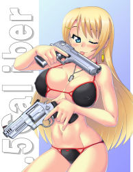 Rule 34 | 1girl, :p, bikini, blonde hair, blue eyes, breasts, gun, hase yu, large breasts, long hair, original, smile, solo, swimsuit, tongue, tongue out, very long hair, weapon, wink
