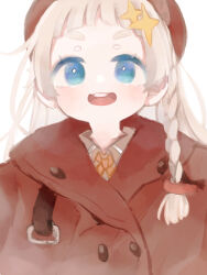 Rule 34 | 1girl, a.i. voice, beret, blue eyes, blunt bangs, blush, braid, buttons, coat, collared shirt, commentary request, double-breasted, hat, kizuna akari, kizuna akari (tsubomi), long hair, looking at viewer, neck ribbon, orange ribbon, red coat, red hat, ribbon, shirt, side braid, smile, solo, sparkle hair ornament, teeth, thick eyebrows, torokeru maro, upper body, upper teeth only, voiceroid, white background, white hair