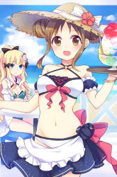Rule 34 | 2girls, blonde hair, blue eyes, breasts, brown eyes, brown hair, gucchiann, highres, large breasts, looking at viewer, maid, multiple girls, navel, open mouth, princess connect!, saren (princess connect!), suzume (princess connect!), swimsuit