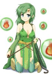 Rule 34 | 1990s (style), 1girl, boots, breasts, bridal gauntlets, cape, cleavage, final fantasy, final fantasy iv, green hair, green thighhighs, highres, kneeling, magic, medium breasts, aged up, regdic, retro artstyle, rydia (ff4), short hair, smile, solo, thighhighs, whip, yellow footwear