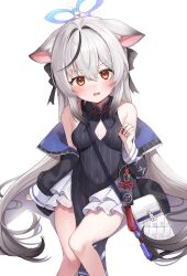 Rule 34 | 1girl, 2k (tldntkfkdro), absurdres, animal ears, black dress, black hair, blue archive, blue halo, blush, breasts, china dress, chinese clothes, dress, feet out of frame, grey hair, grey jacket, hair between eyes, halo, highres, jacket, kokona (blue archive), long hair, long sleeves, looking at viewer, multicolored hair, open clothes, open jacket, open mouth, orange eyes, simple background, small breasts, solo, streaked hair, striped clothes, striped dress, striped jacket, textless version, tiger ears, vertical-striped clothes, vertical-striped dress, vertical-striped jacket, white background
