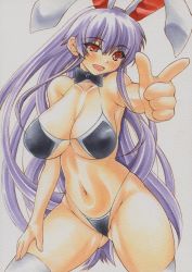 Rule 34 | 1girl, alternate costume, animal ears, bikini, black bikini, blush, bow, breasts, cleavage, collarbone, curvy, extra ears, female focus, finger gun, hand on thigh, highleg, highleg bikini, highleg swimsuit, huge breasts, large breasts, long hair, navel, open mouth, outstretched arm, purple hair, rabbit ears, red eyes, reisen udongein inaba, simple background, smile, solo, swimsuit, thighhighs, touhou, twintails, uneven eyes, very long hair, white background, white thighhighs, yutakasan-love