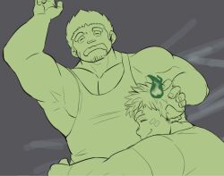 Rule 34 | 2boys, arm up, bara, black tank top, couple, cuddling, drooling, facial hair, forked eyebrows, from above, goatee, green theme, hand on another&#039;s head, happy, hug, lying, male focus, monochrome, mouth drool, multiple boys, on back, on side, pectoral cleavage, pectorals, profile, ragi san (ononokomachiimo), shirt, short hair, sidepec, t-shirt, tamamura gunzo, tank top, thick eyebrows, tokyo houkago summoners, unfinished, upper body, wakan tanka, wavy mouth, yaoi