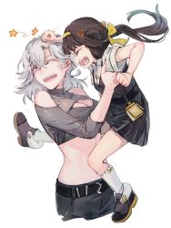 Rule 34 | 2girls, abs, anger vein, angry, belt, black hair, breasts, carrying, cleavage, cleavage cutout, closed eyes, clothing cutout, commentary request, denim, fighting, girls&#039; frontline, height difference, imoko (imonatsuki), jeans, multiple girls, one eye closed, pants, punching, qbu-88 (girls&#039; frontline), shoes, silver hair, skirt, sl8 (girls&#039; frontline), socks