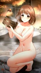 Rule 34 | 1girl, antenna hair, autumn leaves, barefoot, breasts, brown hair, cleavage, closed mouth, collarbone, completely nude, convenient arm, doukyuusei another world, full body, game cg, groin, holding, kakyuusei, leaf, long hair, looking at viewer, maple leaf, medium breasts, mochida mahoko, navel, nude, on one knee, onsen, smile, solo, straight hair, yellow eyes