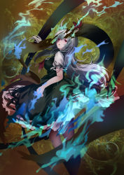 Rule 34 | 1girl, aqua fire, blue fire, bow, breasts, burning, commentary request, cropped legs, dqn (dqnww), dress, ex-keine, fire, floating hair, from side, green dress, green hair, hair between eyes, half-closed eyes, highres, horn bow, horn ornament, horns, kamishirasawa keine, large breasts, long hair, looking back, multicolored hair, neck ribbon, open mouth, petticoat, puffy short sleeves, puffy sleeves, red bow, red eyes, red ribbon, ribbon, scroll, short sleeves, sidelocks, solo, touhou, two-tone hair, white hair, yellow background