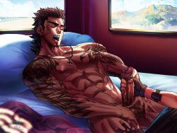 Rule 34 | 10s, 2boys, abs, bed, black hair, dreadful alibi, erection, facial hair, final fantasy, final fantasy xv, gladiolus amicitia, gloves, handjob, lying, male focus, multiple boys, muscular, naughty face, pectorals, penis, penis grab, pillow, prompto argentum, scar, topless male, smile, testicle grab, testicles, uncensored, window, yaoi