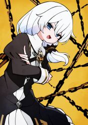 Rule 34 | 1girl, blue eyes, chain, commentary request, crossed arms, dress, hair between eyes, highres, honkai (series), honkai impact 3rd, long hair, long sleeves, looking at viewer, mikaku (vbvpahw9), nun, open mouth, side ponytail, solid oval eyes, solo, theresa apocalypse, white hair, yellow background