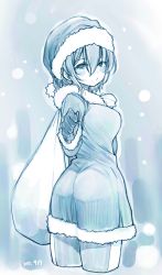 Rule 34 | 1girl, alternate costume, bag, blush, breasts, commentary request, hair between eyes, hat, highres, hololive, looking at viewer, monochrome, night, nosir onadat, roboco-san, santa costume, santa hat, short hair, snow, solo, virtual youtuber