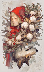 Rule 34 | 1girl, animal, berry, bob cut, bow, brown eyes, capelet, closed mouth, flower, highres, hood, hood up, leaf, little red riding hood, looking down, medium hair, original, plant, playing card theme, portrait, red bow, red capelet, red hood, upside-down, white flower, wolf, yoshioka (haco)
