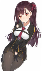 Rule 34 | 1girl, black dress, black footwear, black gloves, blush, bow, breasts, brown eyes, brown hair, brown pantyhose, closed mouth, collared shirt, commentary, cross, dress, dutch angle, girls&#039; frontline, gloves, hair bow, hand up, long hair, long sleeves, md5 mismatch, medium breasts, one side up, panties, pantyhose, pleated dress, red bow, red neckwear, resolution mismatch, rikoma, shirt, shoes, simple background, solo, source larger, underwear, very long hair, wa2000 (girls&#039; frontline), white background, white shirt