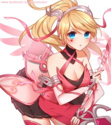 Rule 34 | 1girl, bare shoulders, black skirt, blonde hair, blue eyes, blush, breasts, cleavage, commentary request, cowboy shot, criss-cross halter, dress, facebook username, facial tattoo, fingernails, halterneck, heart, heart tattoo, highres, holding, kaoruru (sakuno2911), large breasts, leaning forward, light smile, mercy (overwatch), miniskirt, nail polish, official alternate costume, overwatch, overwatch 1, parted lips, pelvic curtain, pink dress, pink mercy, pink nails, pink thighhighs, pleated skirt, ponytail, skirt, solo, tattoo, thighhighs, watermark, web address