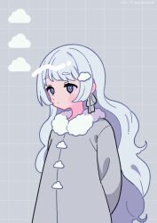 Rule 34 | 1girl, arms behind back, blue eyes, blush stickers, closed mouth, coat, commentary, dated, fur-trimmed coat, fur trim, grey background, grey coat, grey hair, highres, long hair, neki (wakiko), original, short eyebrows, solo, thick eyebrows, twitter username, very long hair