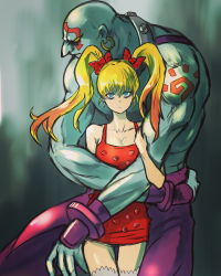 Rule 34 | 1boy, 1girl, 6maker, bags under eyes, bald, blonde hair, blue eyes, breasts, capcom, cleavage, collarbone, colored skin, couple, dress, earrings, effie (street fighter), empty eyes, facial tattoo, gradient hair, height difference, hetero, highres, hoop earrings, hug, hug from behind, jewelry, long arms, looking at viewer, multicolored hair, muscular, necro (street fighter), orange hair, overalls, pale skin, purple overalls, red dress, short dress, shoulder tattoo, small breasts, street fighter, street fighter iii (series), tattoo, thigh gap, thighhighs, two-tone hair, white skin, white thighhighs, zettai ryouiki